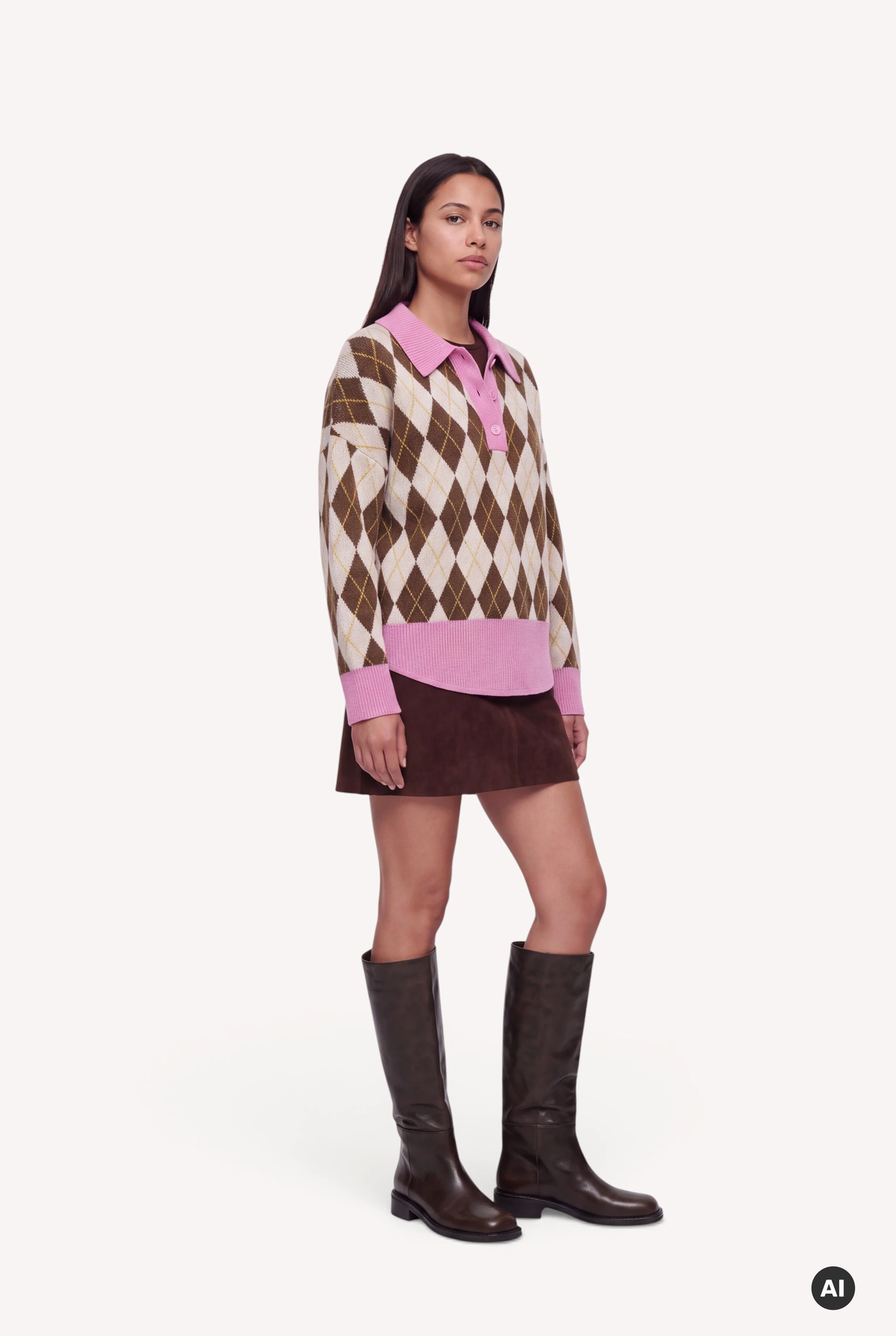 Maya Knit Polo Dark Brown Argyle