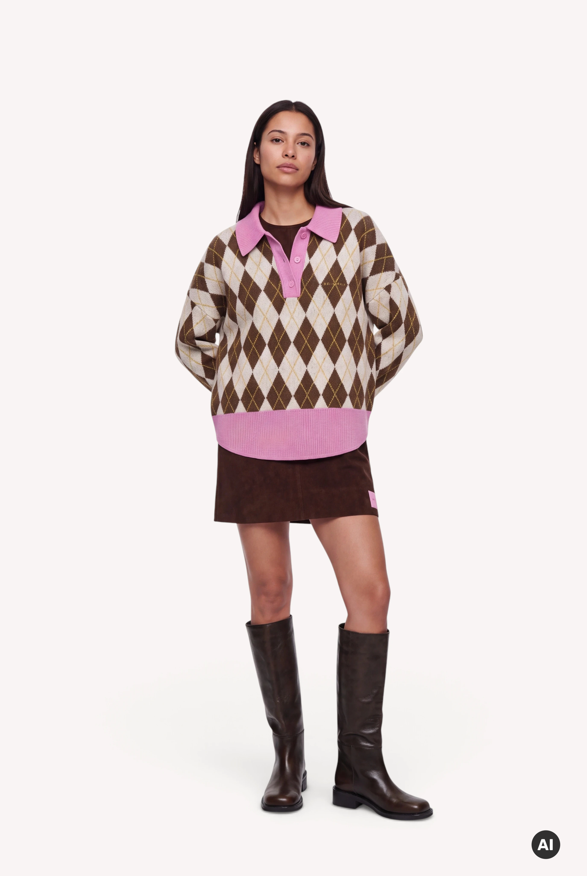 Maya Knit Polo Dark Brown Argyle