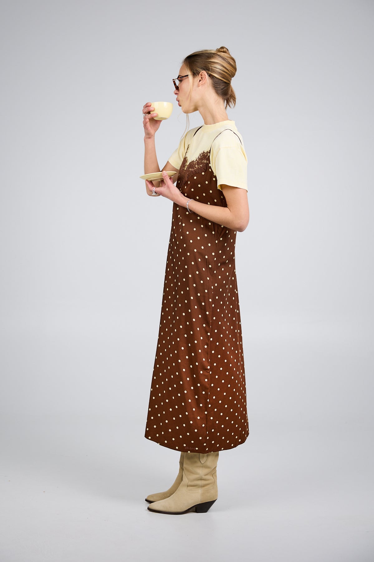 Alma A-Line Dress Cocoa Dust Polkadot