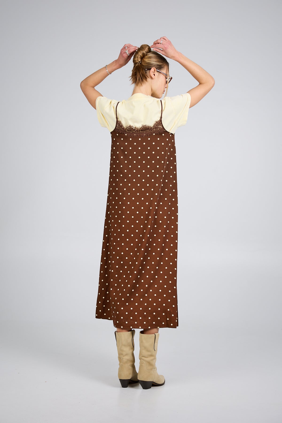 Alma A-Line Dress Cocoa Dust Polkadot