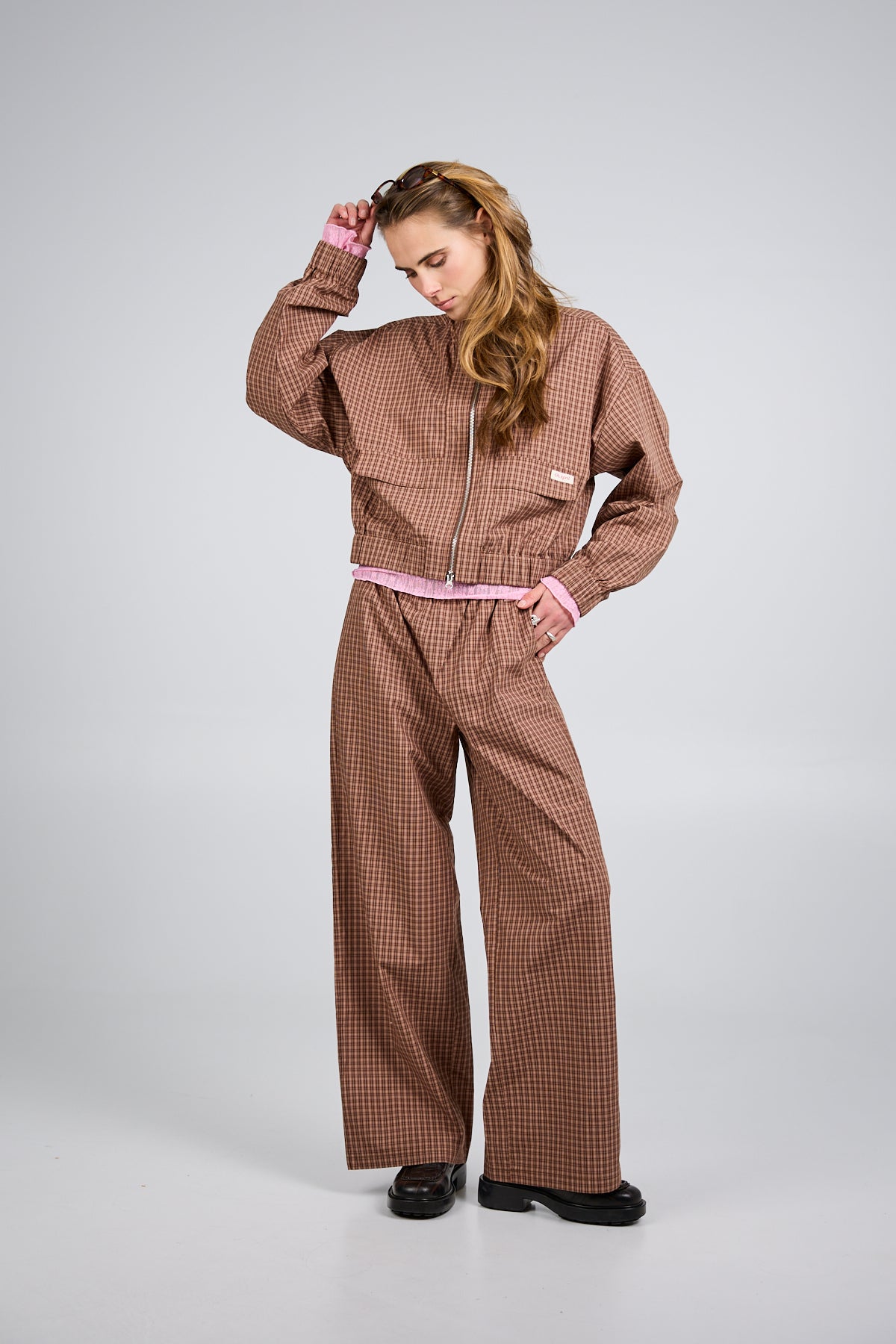 Hazel Wide Leg Pants Cocoa Dust Check