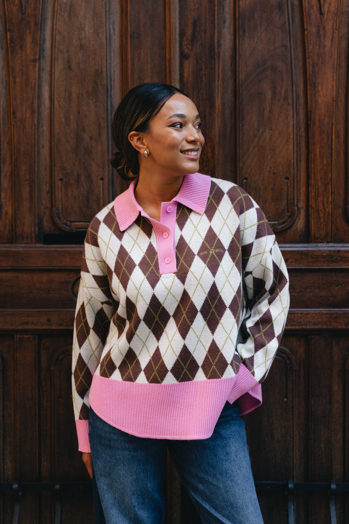 Strickpolo mit Kaschmir und Wolle – Dark Brown Argyle
