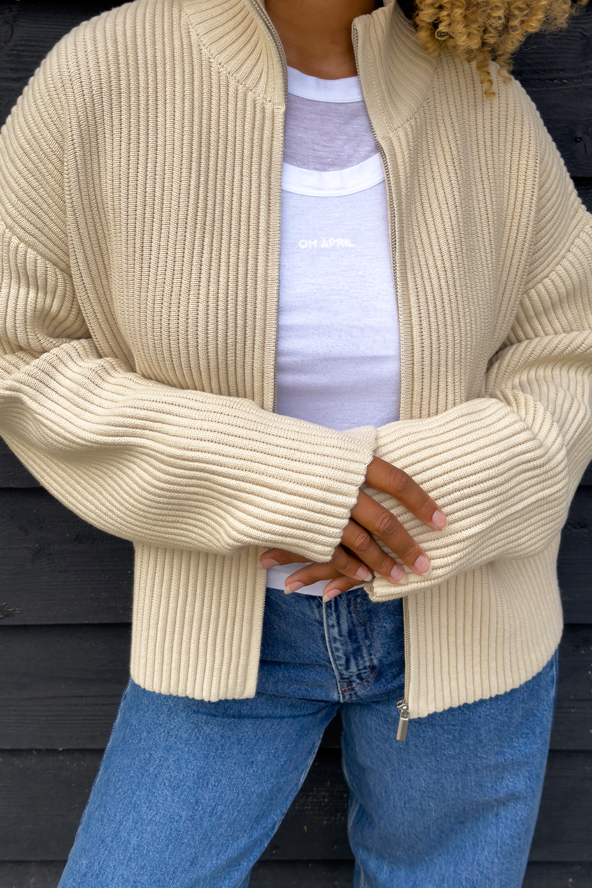 Strickcardigan mit Stehkragen – Beige Melange