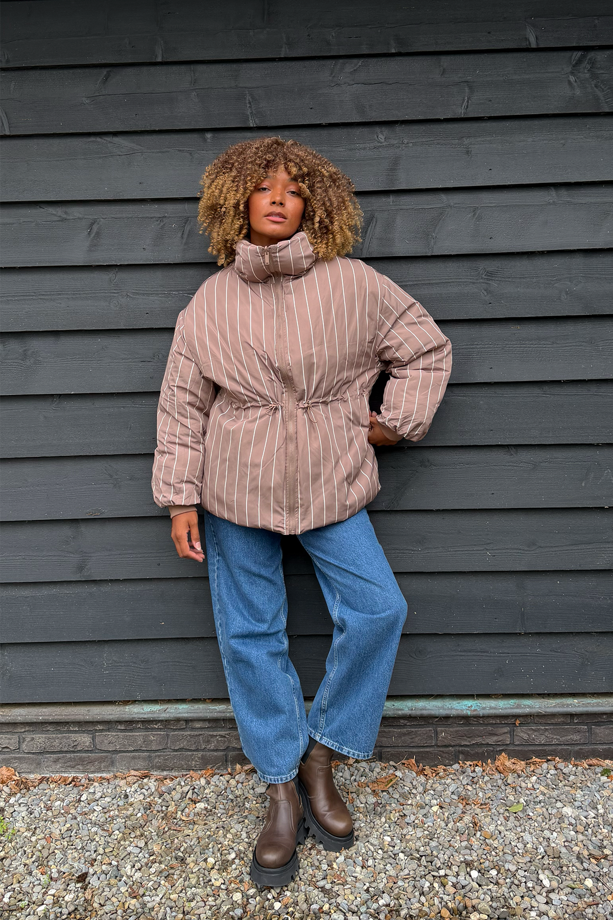 Nancy Puffer Jacket Taupe/Taupe Stripe