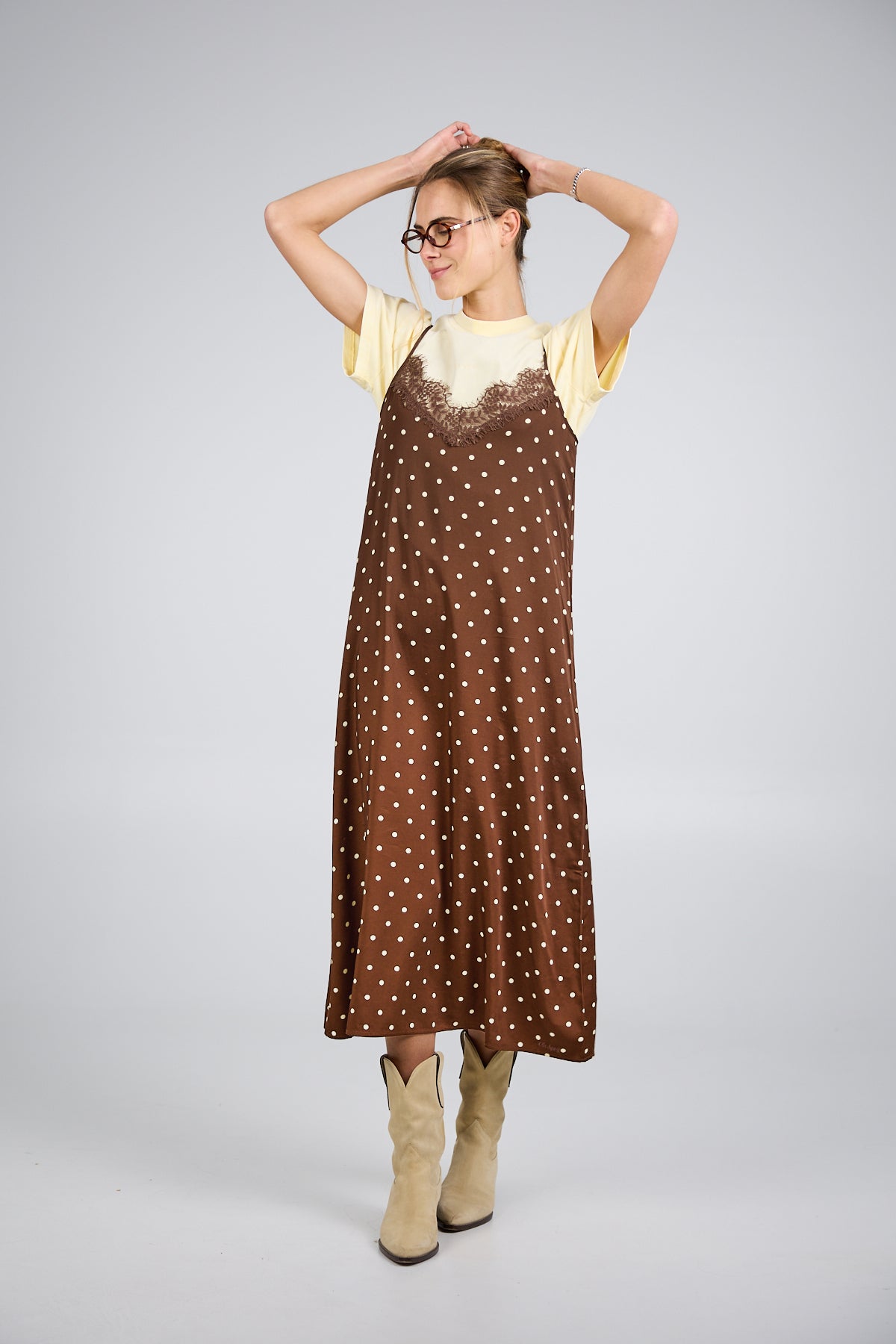 Alma A-Line Dress Cocoa Dust Polkadot