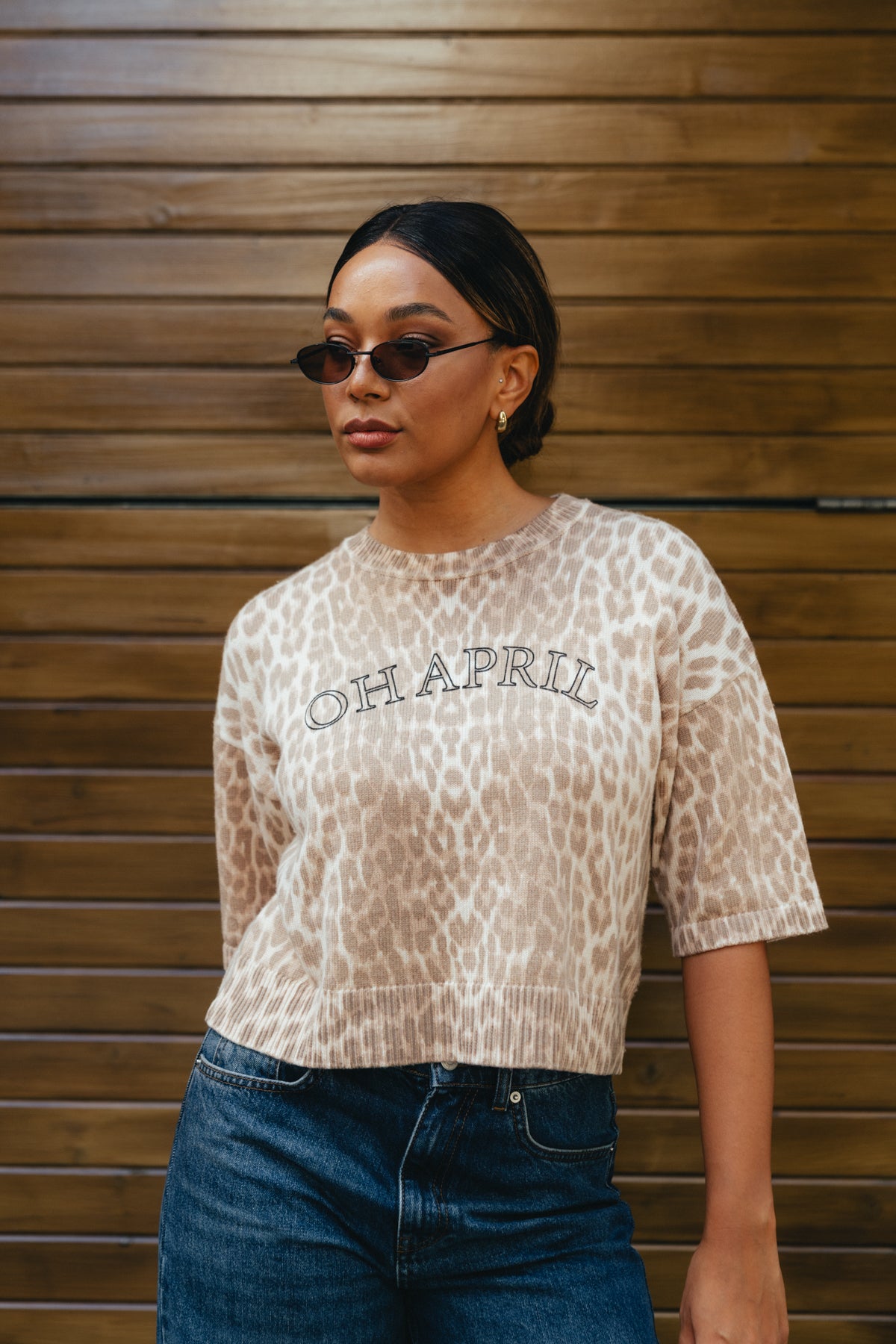 Boxy Strick-T-Shirt mit Kaschmir – Leo Beige
