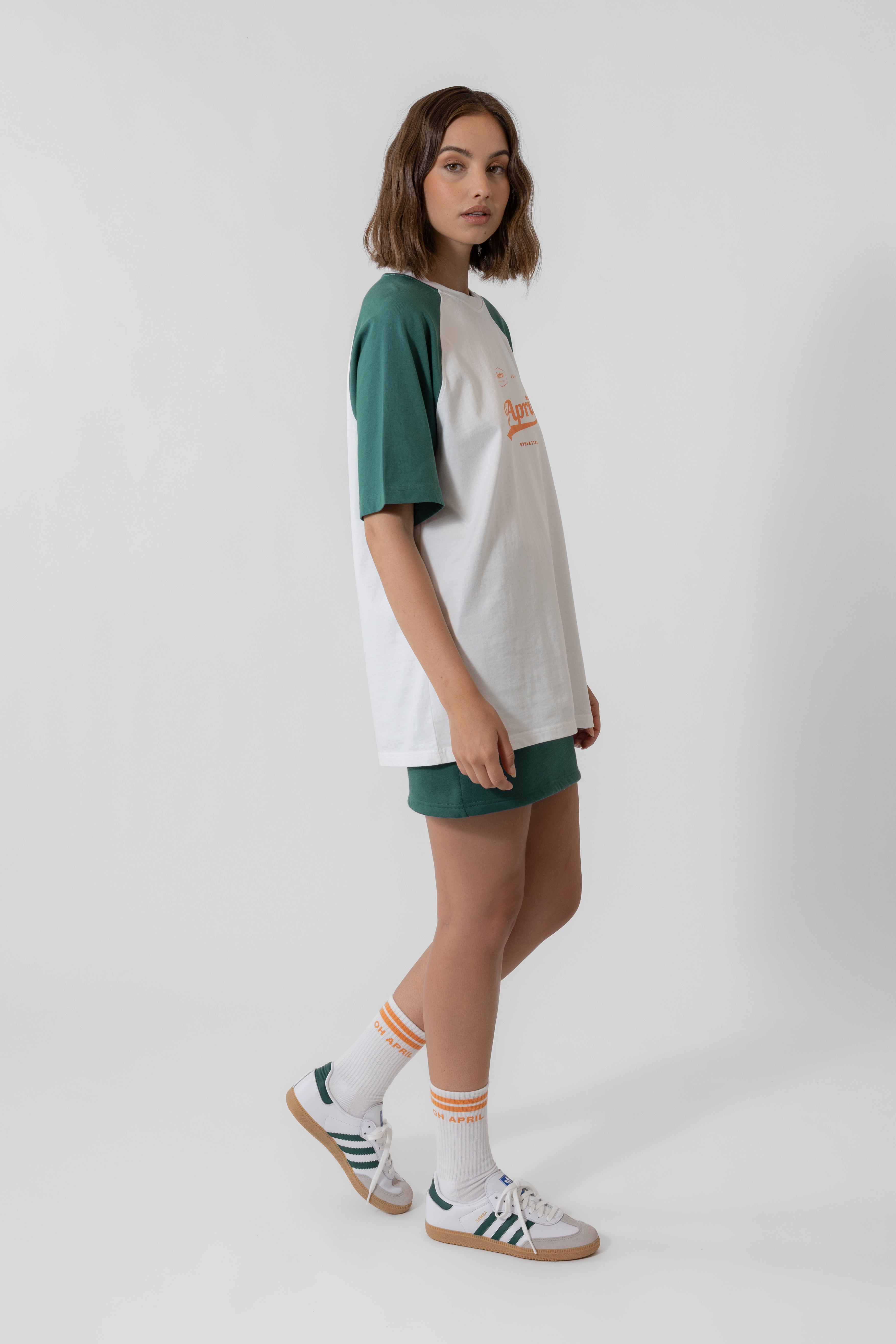 Raglan Boyfriend T-Shirt White/Forest Green Retro OH APRIL