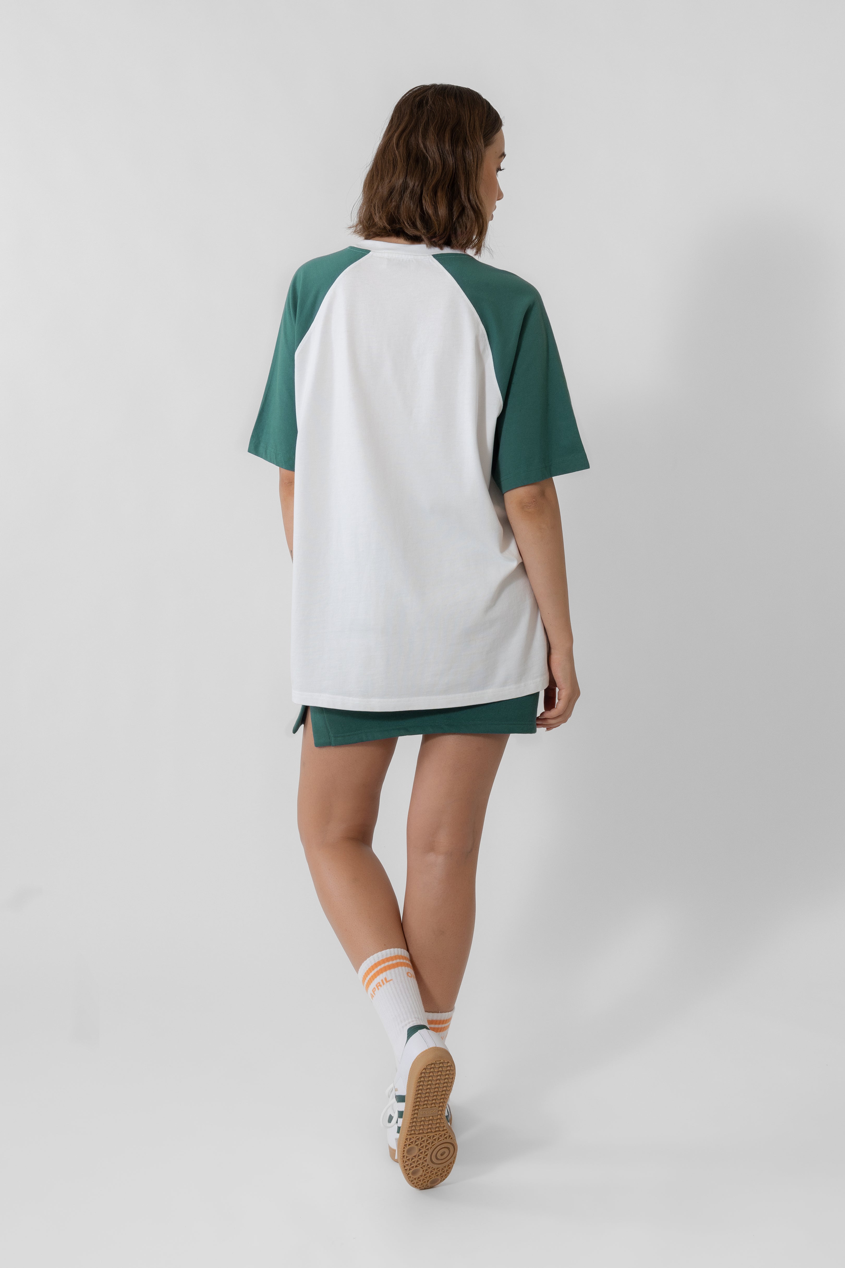 Raglan Boyfriend T-Shirt White/Forest Green Retro OH APRIL