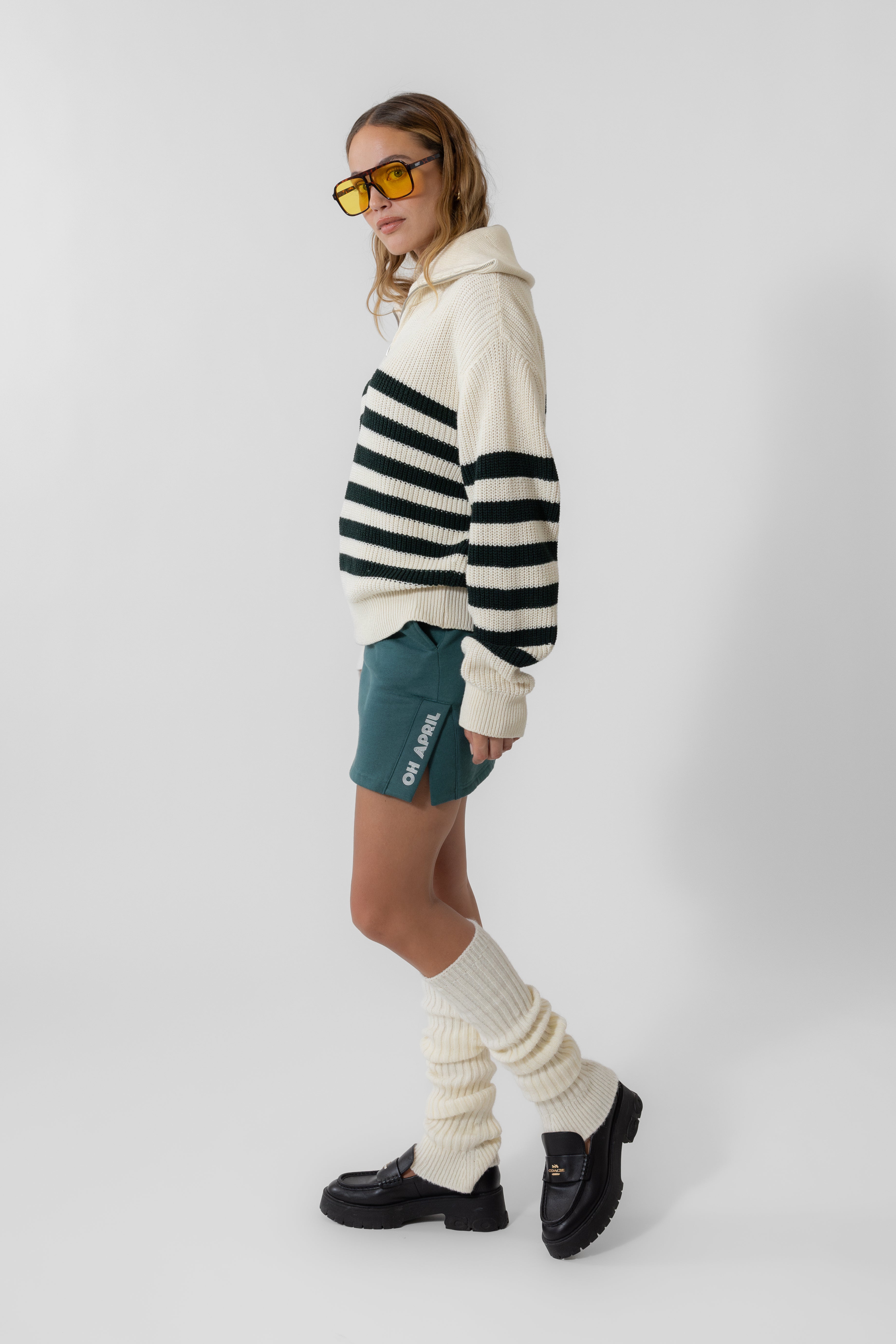 Heather Polo Jumper Cream/Forest Green